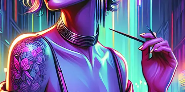 A confident woman in provocative clothing poses with a motorcycle in a vibrant, neon-lit urban nightlife scene.