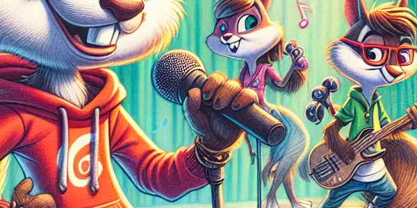 The chipmunk brothers compete in a lively music contest in a colorful school auditorium, surrounded by an excited audience.