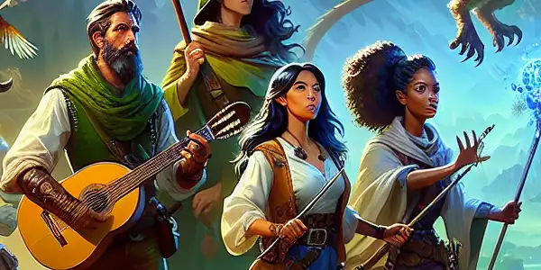 A diverse group of adventurers embarks on a whimsical quest in a vibrant, fantastical landscape filled with magic.