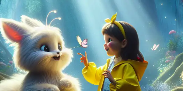 Two sisters explore a vibrant forest with Totoro, surrounded by whimsical plants and playful forest spirits.