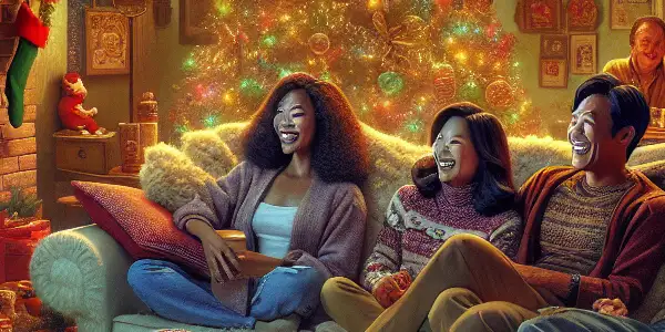 A cozy living room filled with a family enjoying a classic Christmas movie, surrounded by festive decorations and treats.