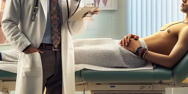 A confident doctor and a vulnerable patient share a charged moment in a modern hospital room.