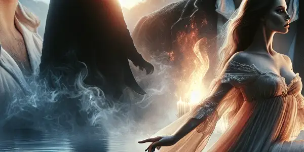 A forbidden love story between Hasan and Yamou amidst a twilight urban landscape with contrasting water and fire elements.