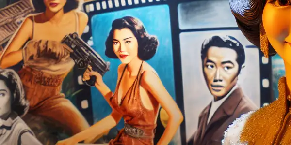 A vibrant movie theater lobby showcasing a life-sized standee of actress 熊黛林 surrounded by film posters and cinematic elements.