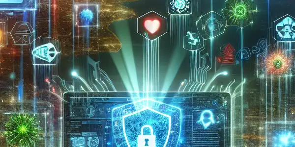 A futuristic digital landscape illustrating cybersecurity, featuring a glowing device, virus alerts, and protective shields against cyber threats.