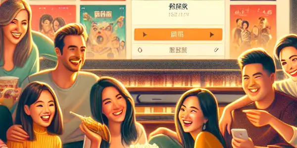 A diverse group of friends enjoying a movie night in a cozy, modern living room.