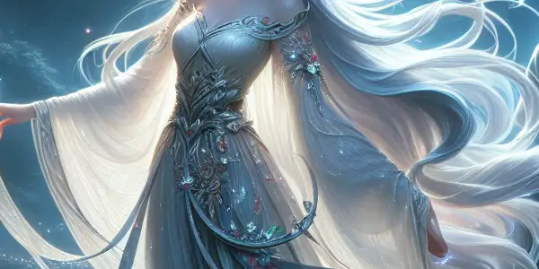 A mystical forest scene featuring a white fox spirit as a beautiful woman and a young scholar in awe.