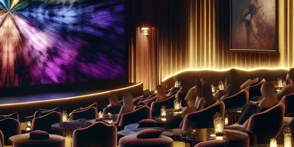 Luxurious adult cinema interior with plush seating, ambient lighting, and a diverse audience enjoying abstract visuals.