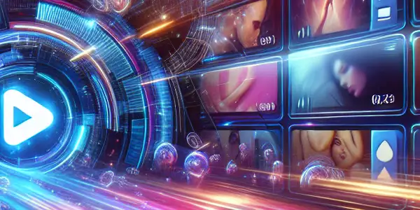 Futuristic digital interface showcasing vibrant video thumbnails with elements of speed and user privacy.