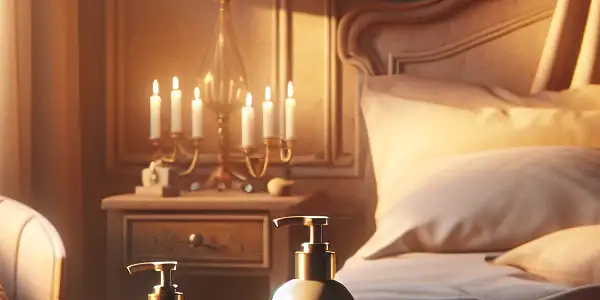 A cozy bedroom scene featuring elegant lubricants on a bedside table, emphasizing intimacy and connection.