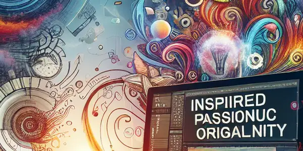 A vibrant creative workspace filled with artistic tools, swirling colors, and floating artwork symbolizing innovation and passion.