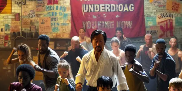 A determined mentor guides diverse children practicing MMA in a gritty urban gym, embodying hope and resilience.