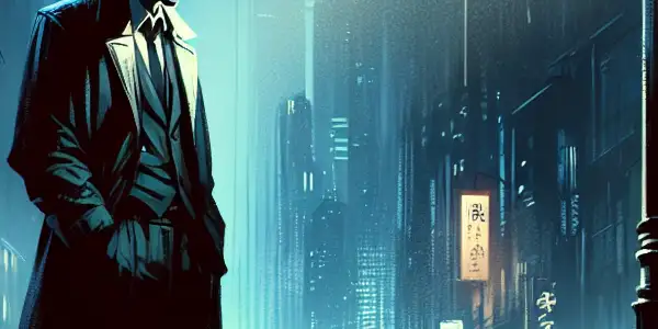 A mysterious figure stands under a streetlamp in a foggy urban landscape, evoking suspense and intrigue.