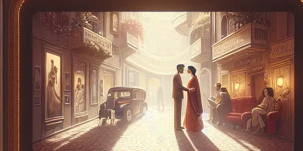 A nostalgic Italian cinema scene with a couple sharing a tender moment, illuminated by warm lights and vintage decor.