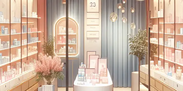 A modern, inviting intimate products store with a discreet entrance, organized displays, and a cozy consultation area.