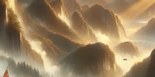 A group of Red Army soldiers navigating a rugged mountain landscape during the Long March at dawn.