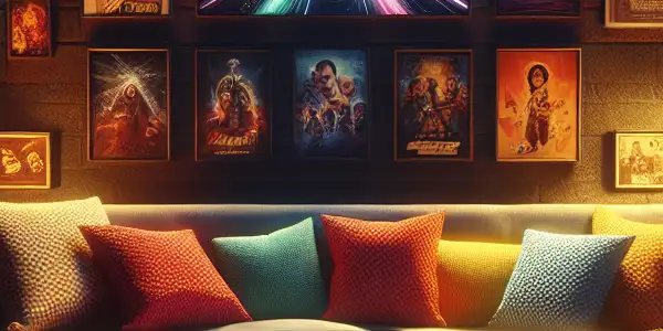 A cozy modern living room at night, featuring a large TV, popcorn, and a laptop displaying a movie platform.