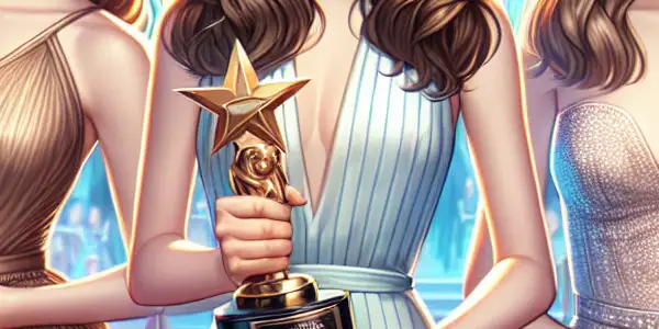 A glamorous awards show scene featuring top AV actresses Mikami Yua, Hashimoto Arina, and Julia celebrating their success.