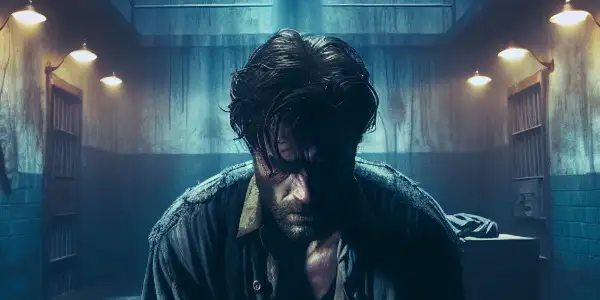 A solitary man in a dark prison cell grapples with despair, surrounded by shadows and haunting elements.