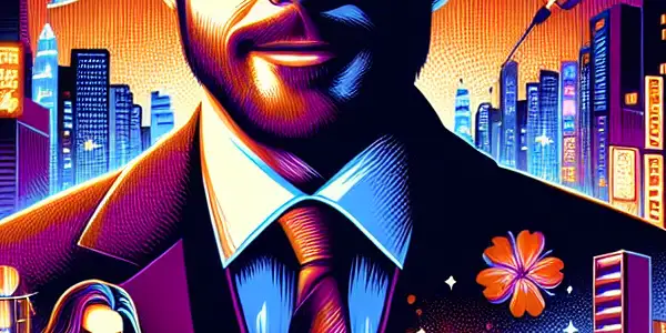 A vibrant movie poster featuring a charismatic comedian in stylish attire, blending humor and adult themes in a lively urban setting.