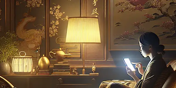 A cozy, dimly lit room with a person watching a smartphone, featuring subtle Japanese decor and a warm ambiance.
