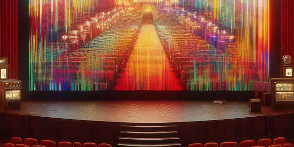 A vintage cinema interior with plush red seats, abstract visuals on screen, and nods to adult film aesthetics.