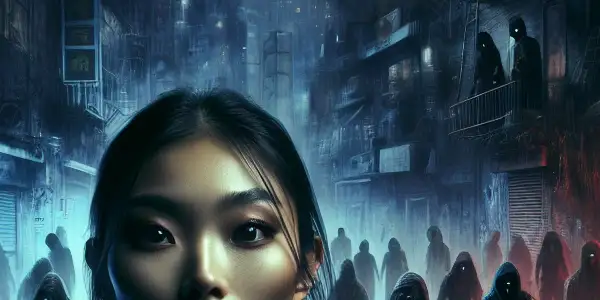 A tense urban scene featuring a young woman surrounded by shadowy figures, symbolizing societal oppression and survival instincts.
