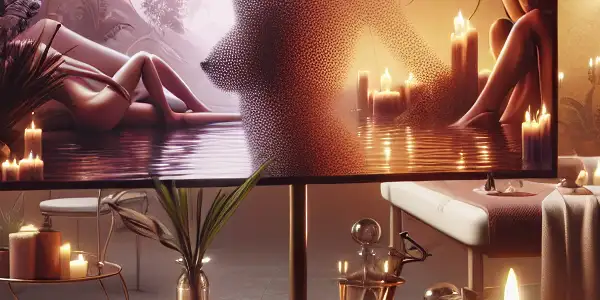 A luxurious virtual adult spa with plush massage tables, ambient lighting, and a digital screen displaying abstract intimacy visuals.