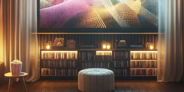 A cozy home theater with a plush sofa, big screen, snacks, and warm lighting for movie watching.