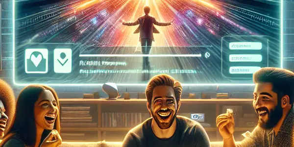 A cozy home theater with friends enjoying a movie, popcorn, and legal streaming devices.