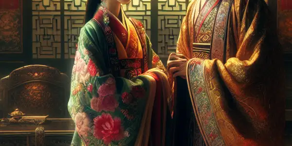 A romantic moment between a palace maid and a prince in an ornate Qing dynasty palace, surrounded by cherry blossoms.