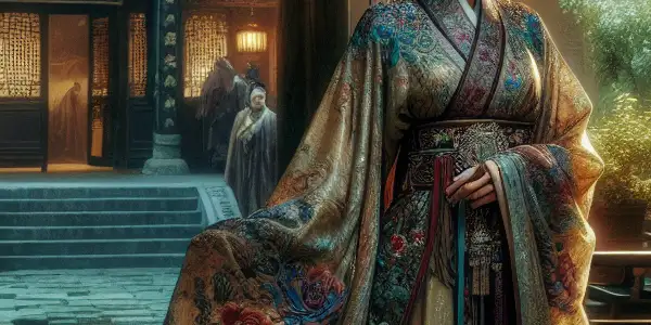 A beautiful woman in a silk dress stands in a traditional Chinese courtyard, embodying longing and sorrow amidst lush greenery.