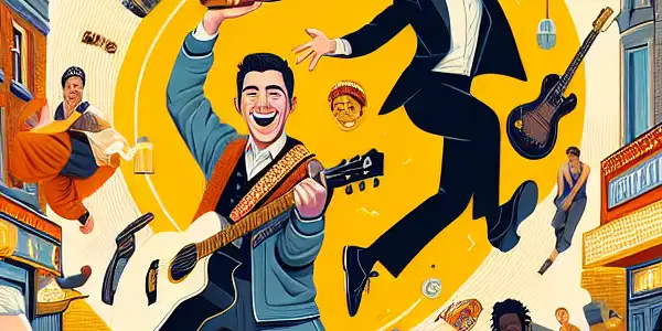 A vibrant movie poster featuring a humorous hero flipping a jianbing and a passionate musician in a lively urban setting.
