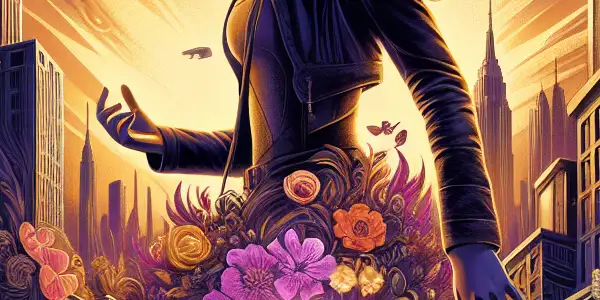 A confident woman named Pandora stands against a vibrant cityscape, symbolizing her journey of adventure and liberation.