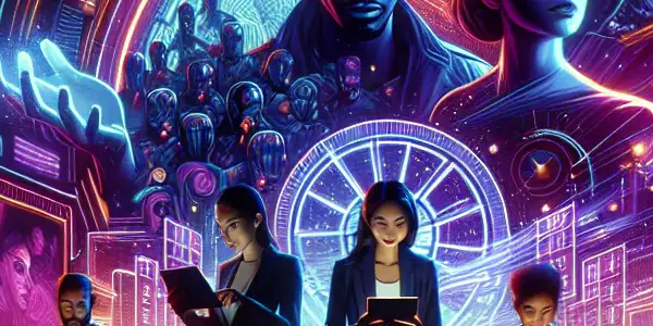 A modern adult entertainment hub featuring diverse people engaging with devices in a vibrant, high-tech digital landscape.