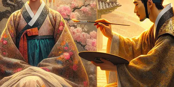 An artist paints a beautiful woman in a serene Joseon Dynasty setting, surrounded by traditional architecture and cherry blossoms.