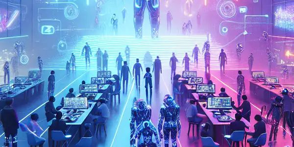 A vibrant futuristic film studio showcasing diverse artists collaborating with advanced VR technology and holographic displays.