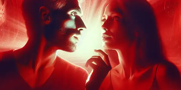 A couple engaged in a deep conversation, surrounded by vibrant red hues and cinematic elements, conveying passion and intensity.