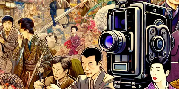 A vibrant collage depicting the evolution of Japanese adult films, highlighting cultural impact and technological advancements.