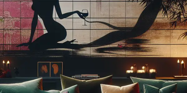 Cozy movie-watching setup with plush seating, warm lighting, and artistic adult film motifs in a dimly lit room.