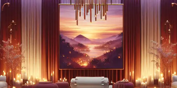 Luxurious dimly lit spa room with a massage bed, candles, and screens displaying adult film scenes.