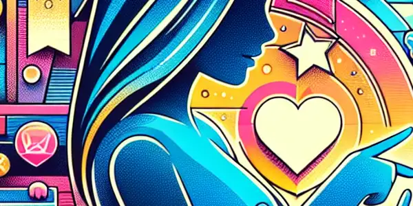 A vibrant digital interface featuring a character engaging with adult content categories and colorful reward icons.