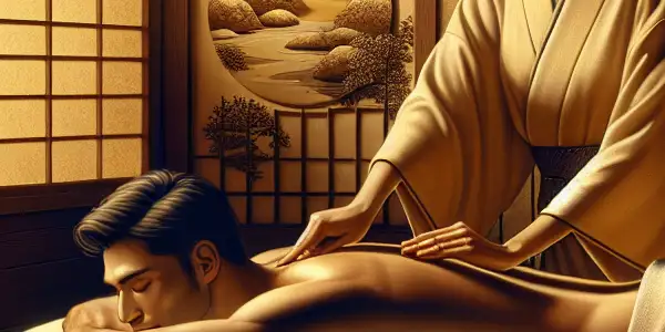 A serene massage room with a therapist providing a calming massage to a tranquil client, surrounded by elegant Japanese decor.