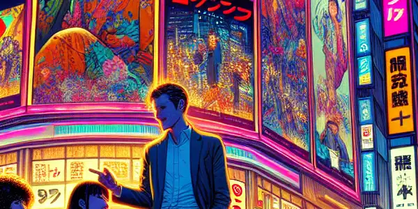 A vibrant Tokyo street at night, filled with neon lights, diverse people discussing adult films, and colorful billboards.