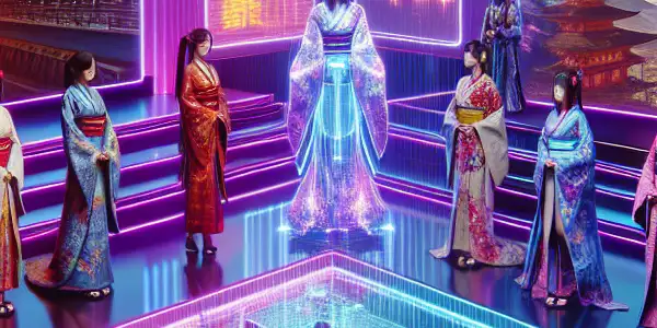 A vibrant futuristic gaming scene featuring diverse characters in a playful, flirtatious atmosphere with Japanese cultural elements.