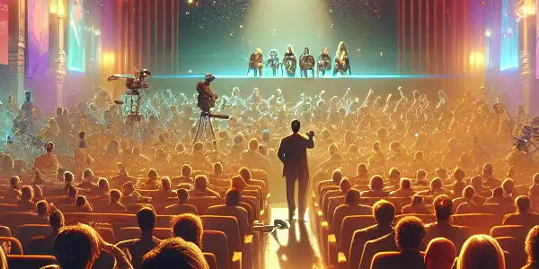 A lively scene at the Shanghai International Film Festival, featuring filmmakers discussing cinema amidst colorful banners and lights.