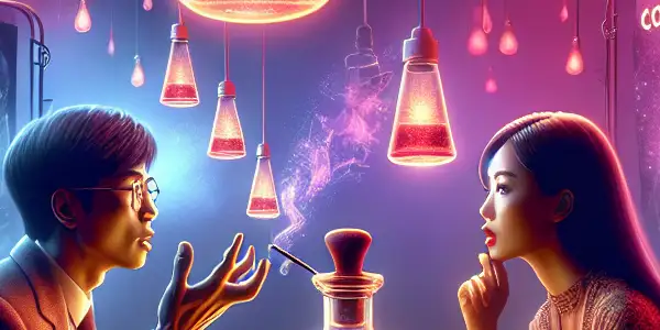 A vibrant film set depicting actors in an intimate performance, surrounded by props symbolizing erotic enhancement and escapism.