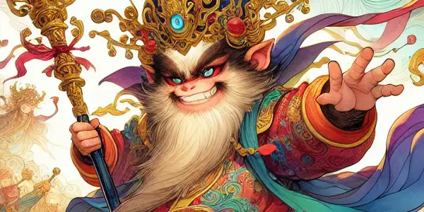 Sun Wukong, the Monkey King, playfully disrupts the heavenly court amidst whimsical celestial beings and ornate architecture.