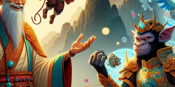 A vibrant fantasy landscape featuring four modern characters from "Journey to the West" engaged in a humorous, adventurous escapade.