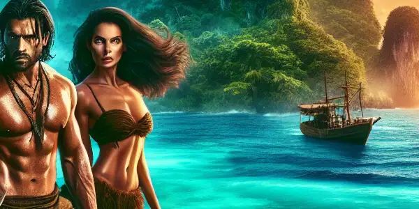 A rugged man and captivating woman prepare for survival on a lush, tropical island at sunset.